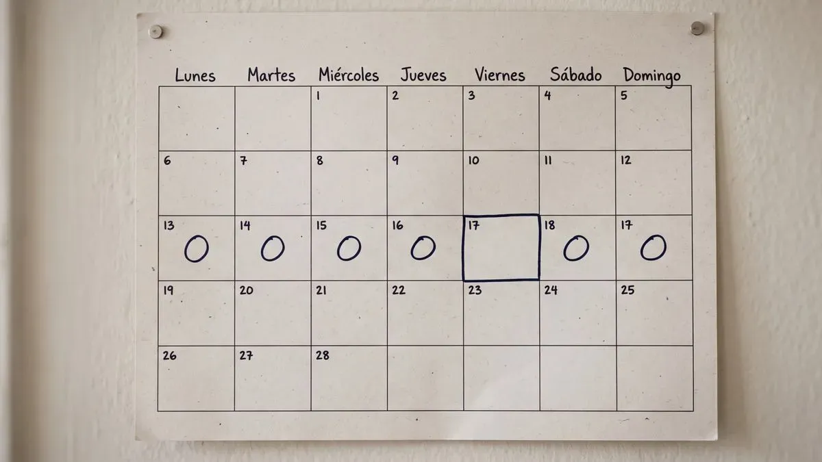 Un día sin marcar en un calendario de seguimiento de hábitos Calendario con marcas diarias y un hueco de un día, seguido de marcas que continúan, mostrando que un fallo puntual no interrumpe el hábito