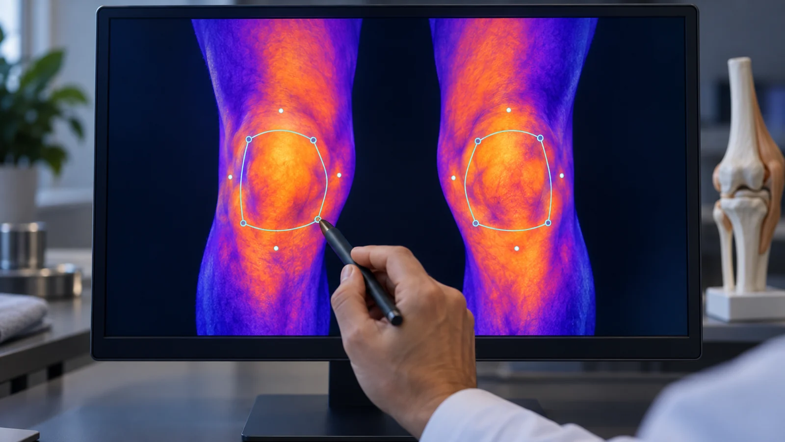 Corresponding regions of interest outlined on a conceptual thermal image of the legs.