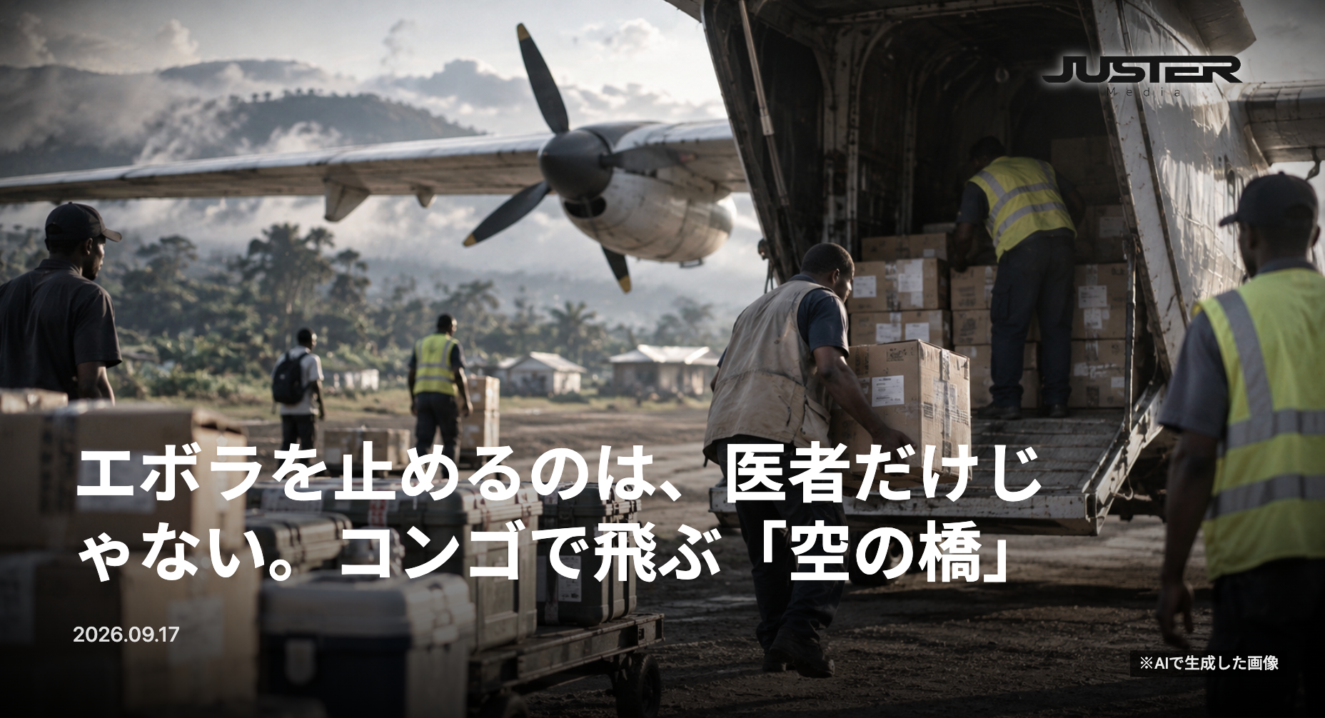 コンゴ民主共和国の地方空港で人道支援機に医療物資を積み込む物流スタッフを象徴的に描いたAI生成イメージ