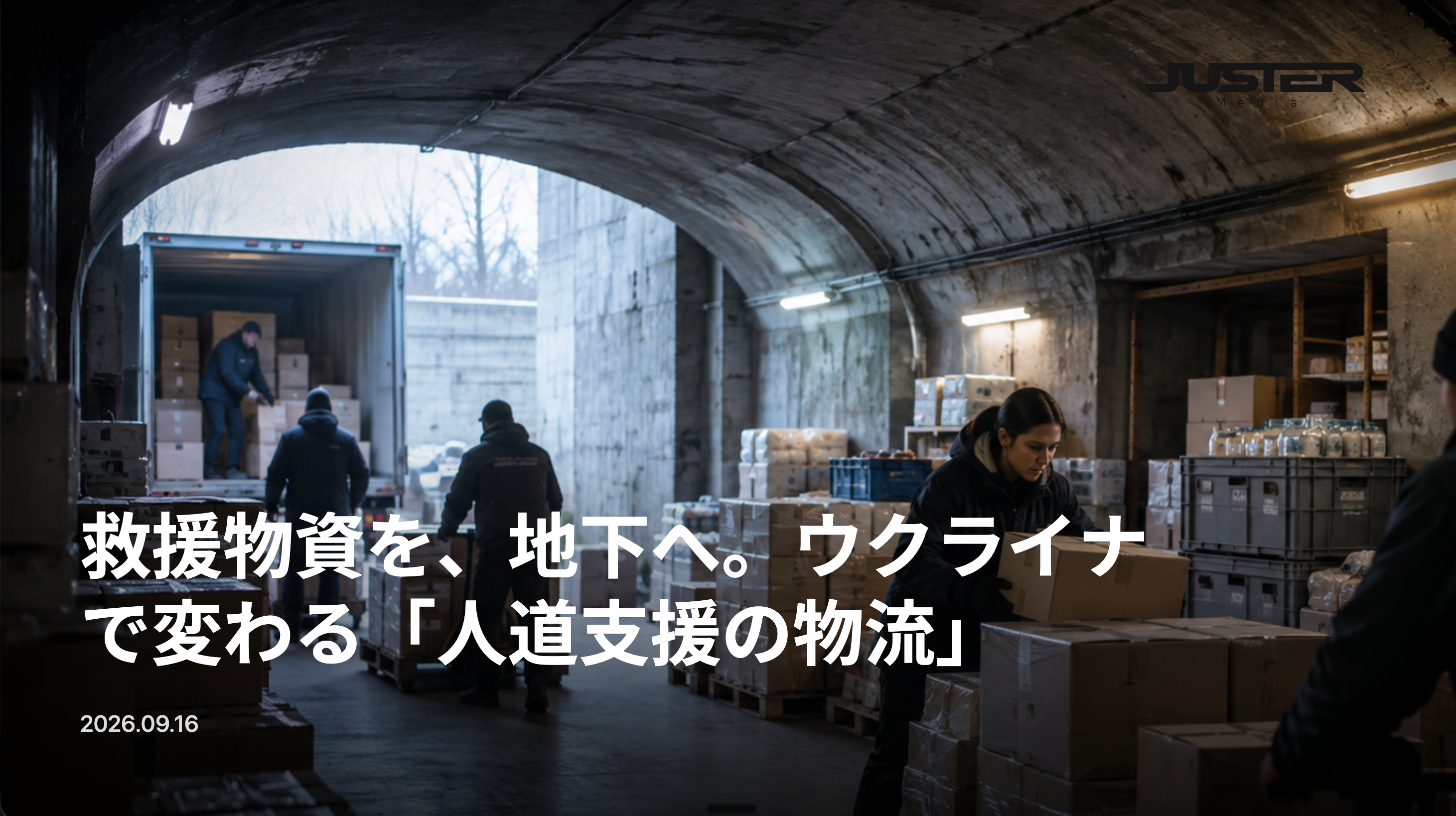 地下の保管施設へ救援物資を運ぶ人道支援スタッフを描いたAI生成イメージ
