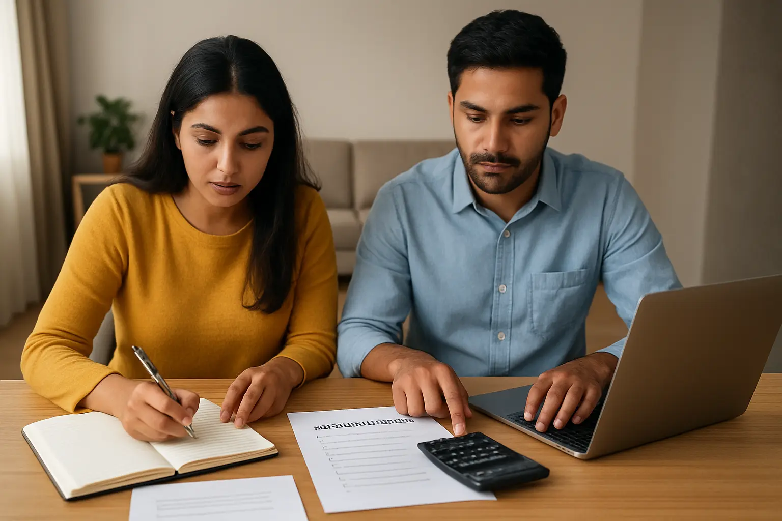 Indian couple reviewing wedding expenses and loan documents with a calculator