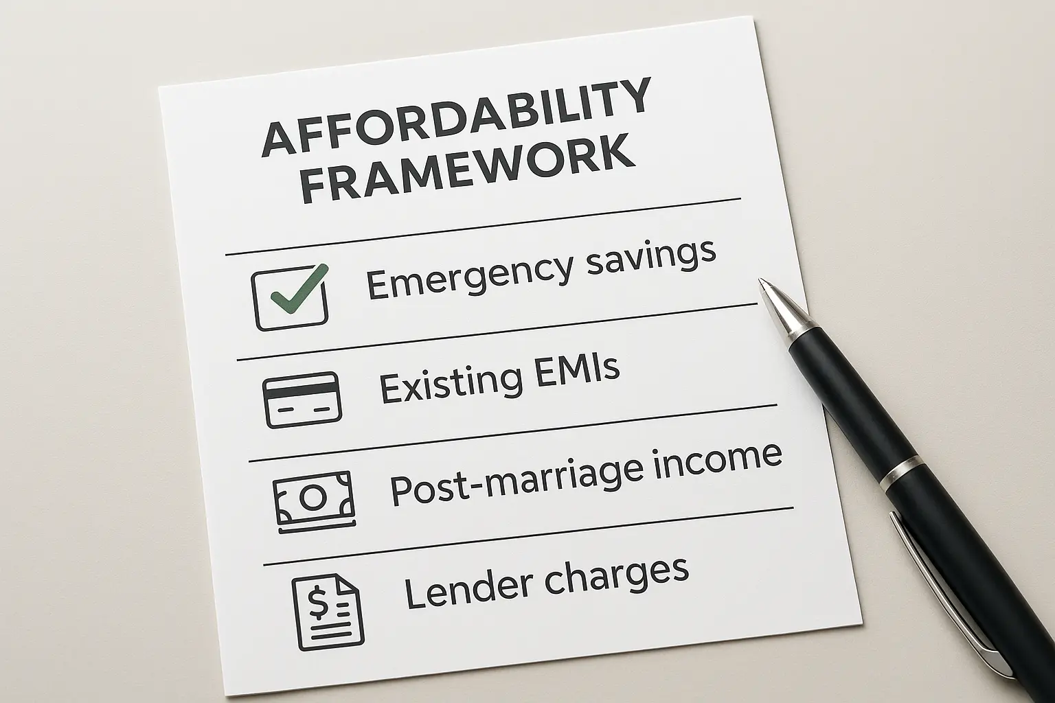 Wedding-loan affordability checklist covering income, savings and charges