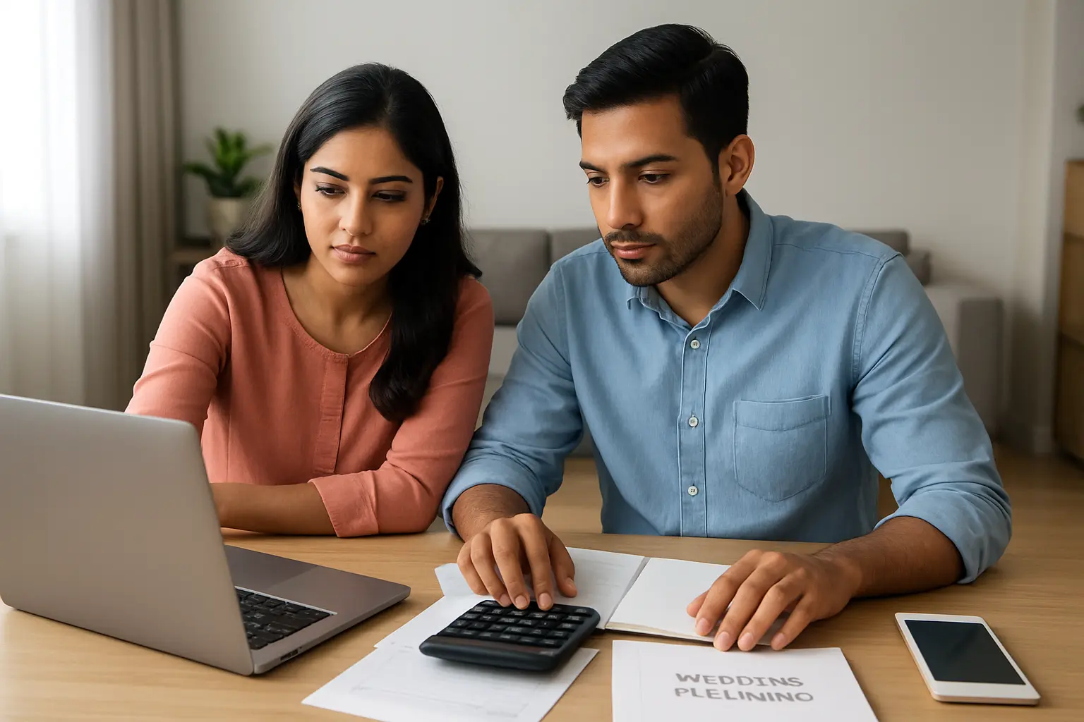 Indian couple reviewing wedding expenses, bills and a calculator