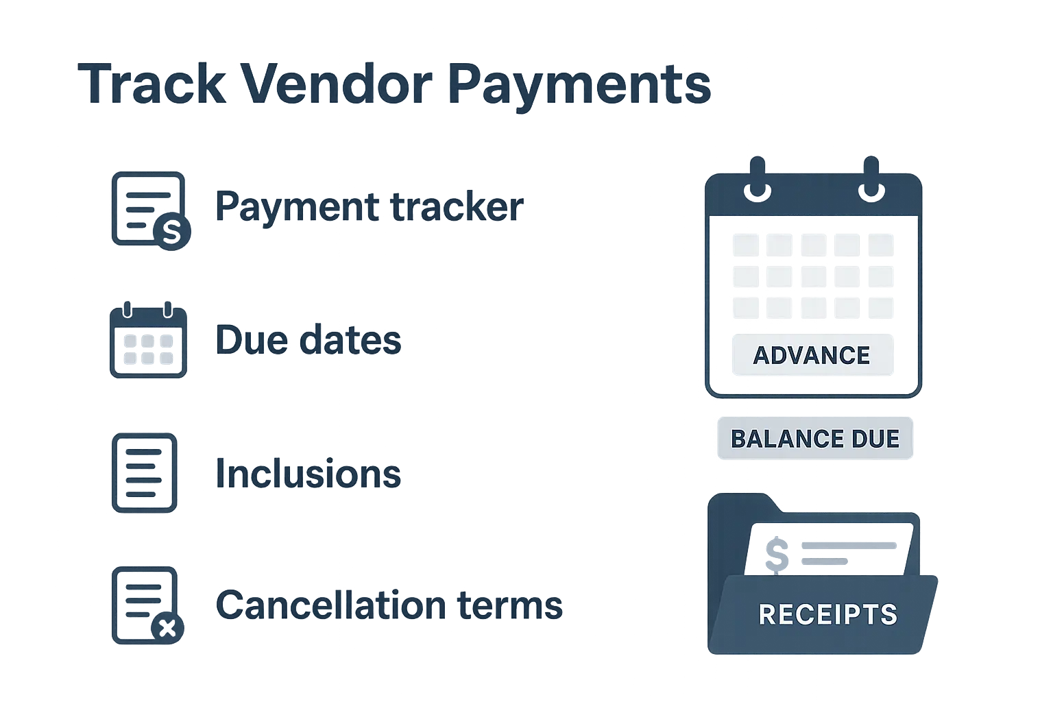 Wedding vendor payment tracker with contracts, receipts and due dates