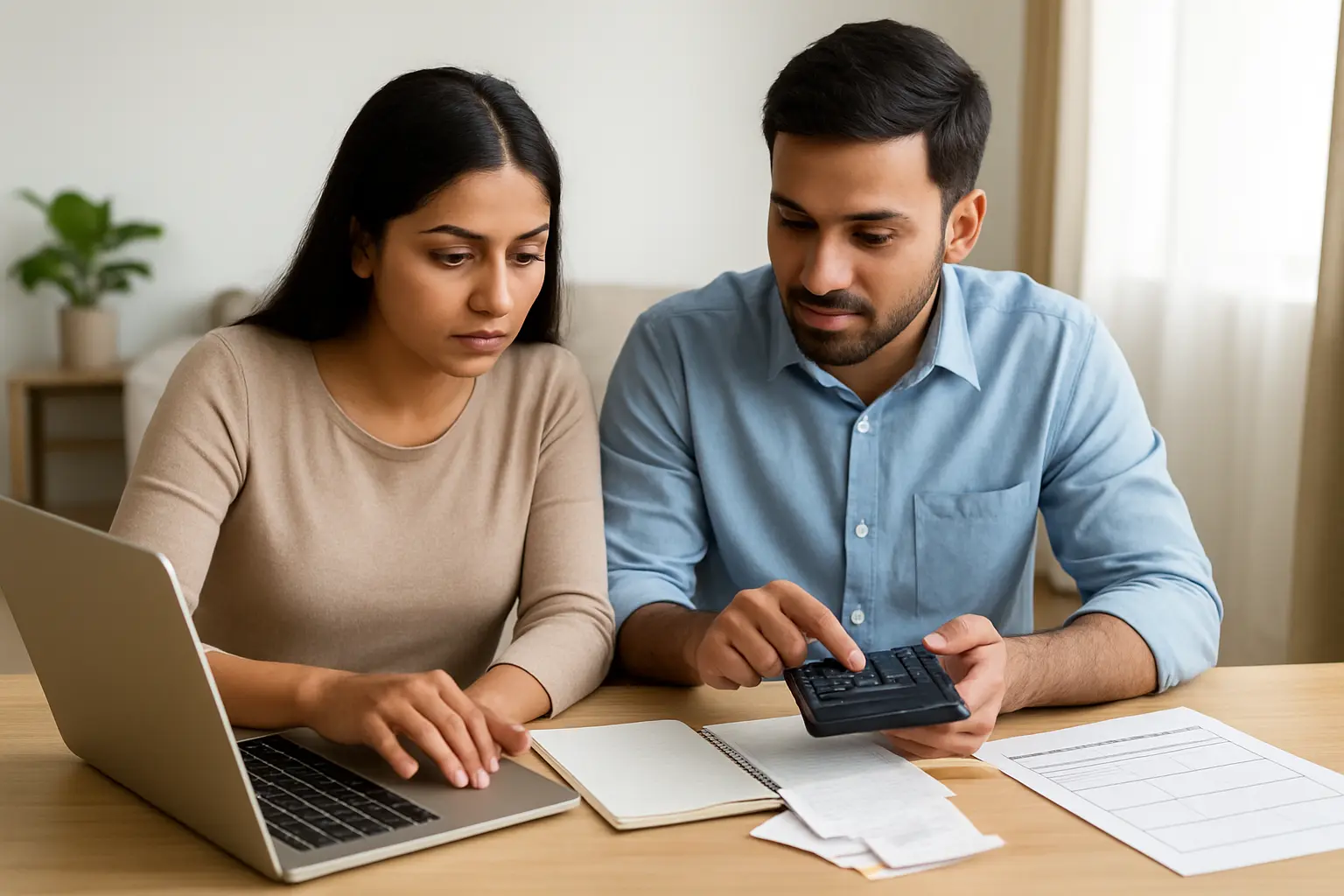 Indian couple using a laptop and calculator to plan wedding-loan expenses