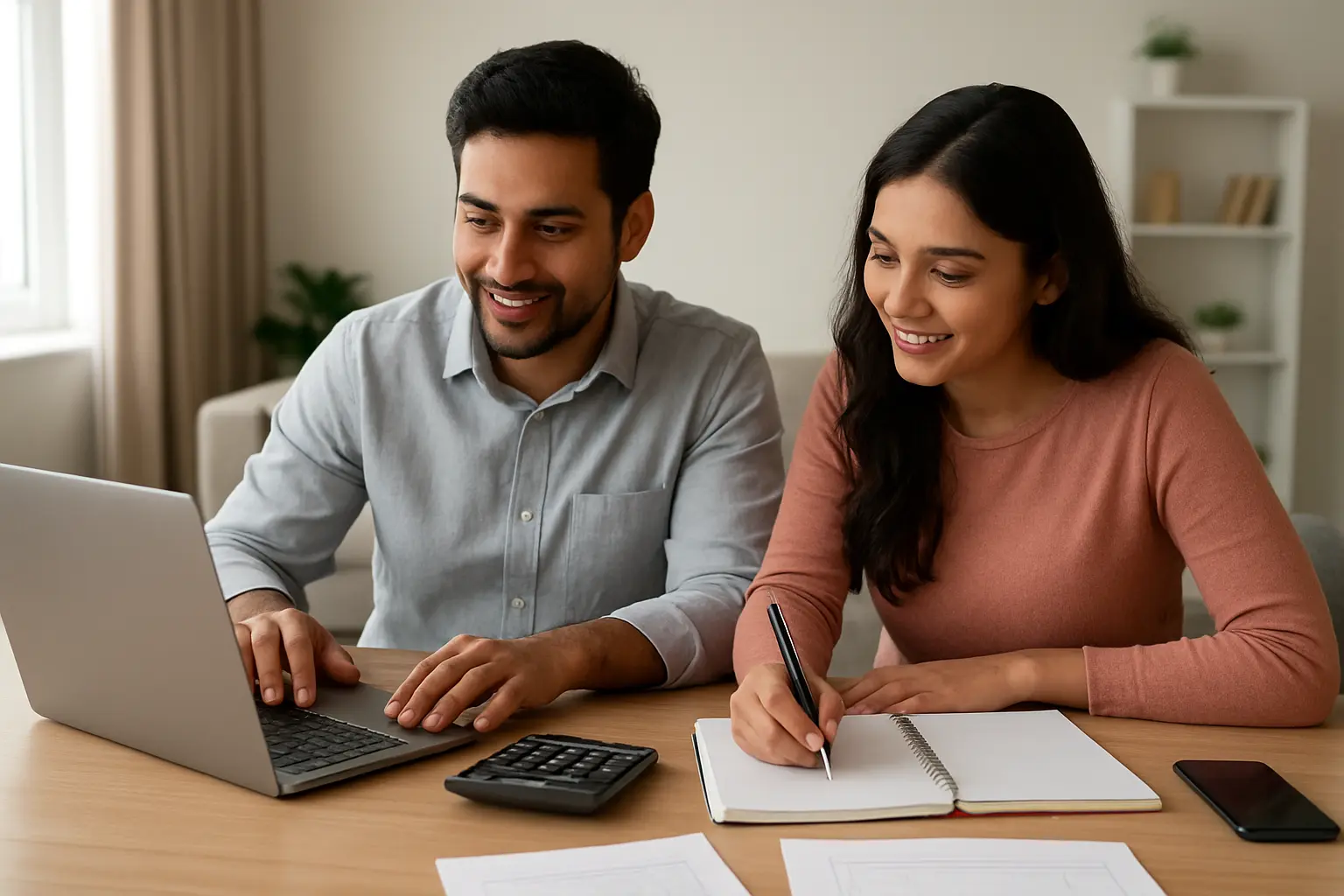 Indian couple reviewing wedding expenses with a laptop, calculator and notebook