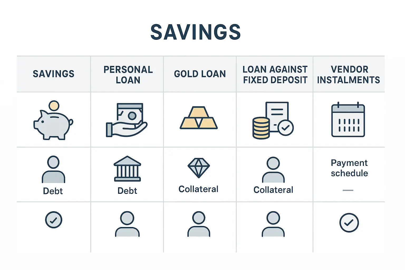 Comparison of savings, personal loan, gold loan, fixed deposit loan and vendor instalments