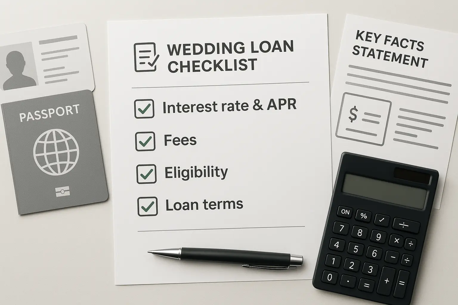 Wedding-loan checklist with documents, calculator and Key Facts Statement