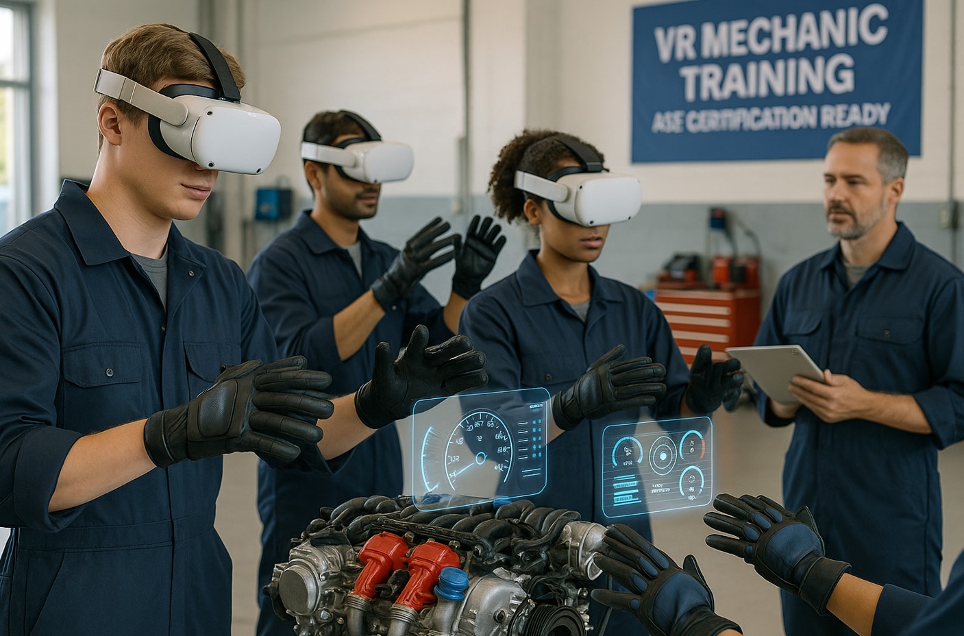 VR AutoTrainer hero image with a virtual reality car repair scene