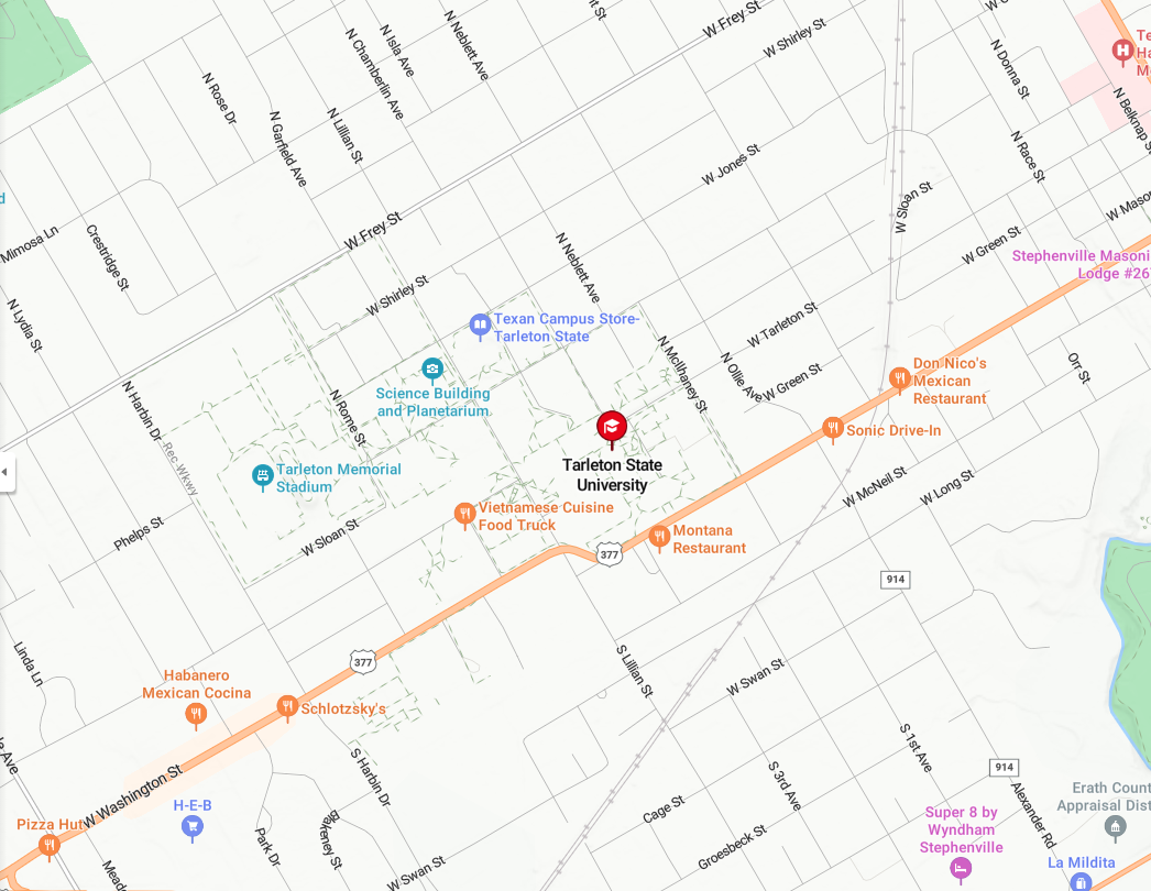 Map of Tarleton University donation drop-off location