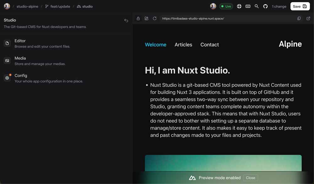 Nuxt Studio dashboard for a project