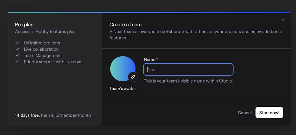 Creating a team on the Studio dashboard