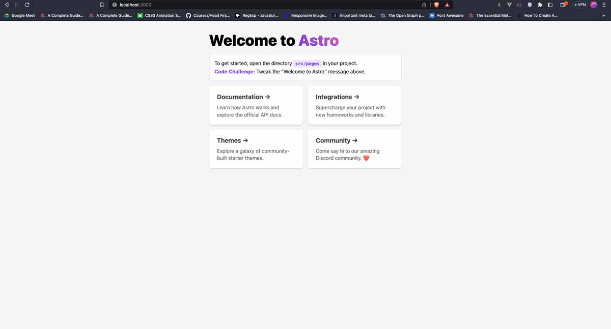 Astro starter site in the browser