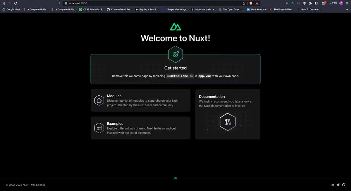 Nuxt default application in the browser