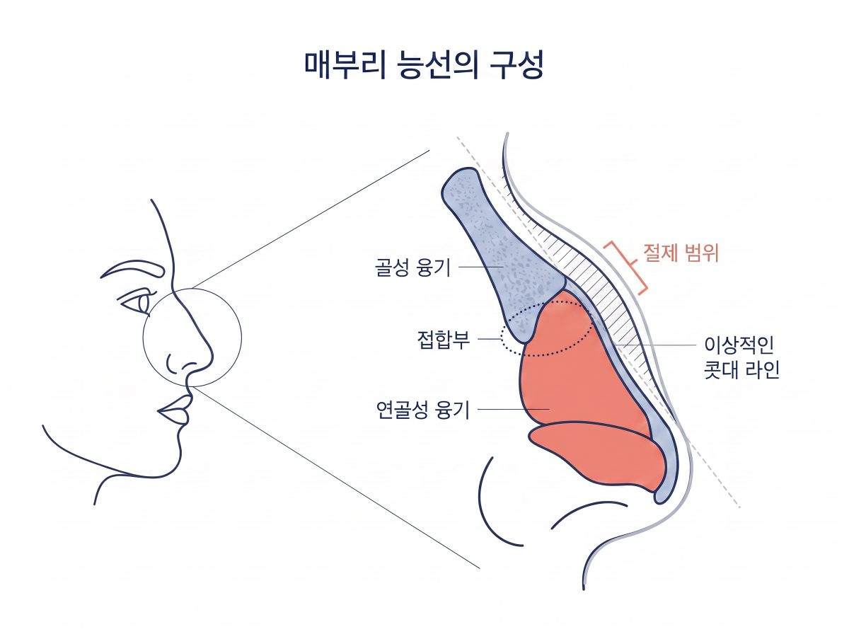 본문 '매부리코는 왜 생길까' 단락 뒤. 콧대를 이루는 비골(코뼈)과 비중격 연골을 구분해 보여주는 측면 해부 도식.