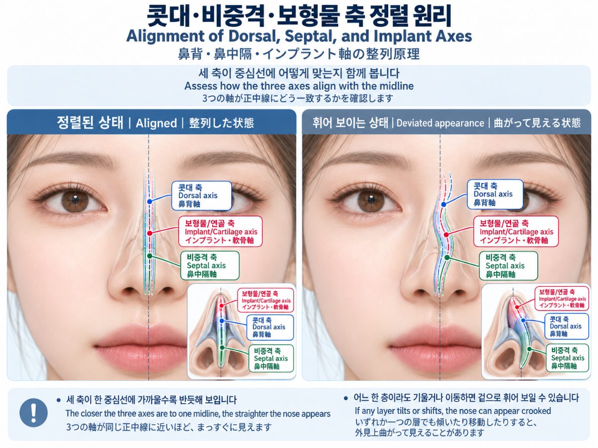 코 수술 후 코가 한쪽으로 휘어 보이는 이유는 무엇인가요?