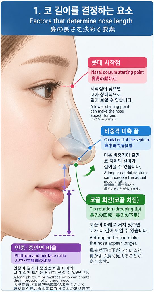 코 길이를 결정하는 요소를 표시한 측면 도식