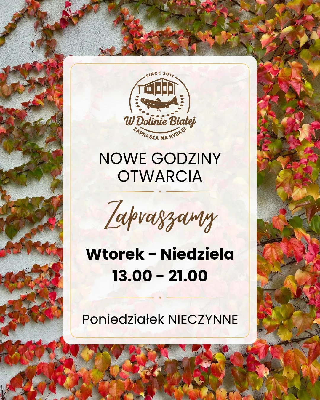 nowe godziny otwarcia, zapraszamy od wtorku do niedzieli w godzinach od 13.00 do 21.00. Poniedziałek nieczynne