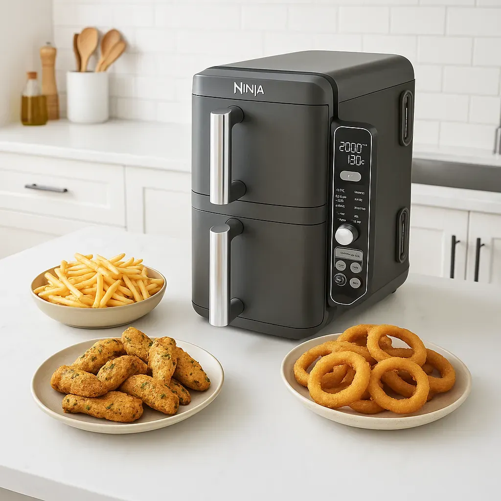 Photo du Airfryer Ninja SL400EU Friteuse à air Ninja Dual Zone posée sur un plan de travail blanc, entourée de trois assiettes contenant des frites, des rondelles d’oignon et des tenders de poulet, dans une cuisine moderne et lumineuse.
