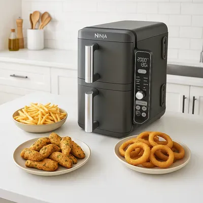 Friteuse à air Ninja Dual Zone posée sur un plan de travail blanc, entourée de trois assiettes contenant des frites, des rondelles d’oignon et des tenders de poulet, dans une cuisine moderne et lumineuse.