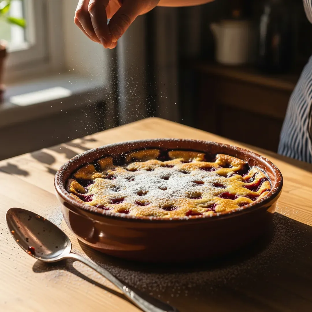 Comment démouler un clafoutis sans le casser ? un clafouti cerise sur un plan de travail saupoudré par du sucre glace