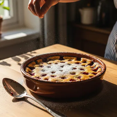 Comment démouler un clafoutis sans le casser ? un clafouti cerise sur un plan de travail saupoudré par du sucre glace
