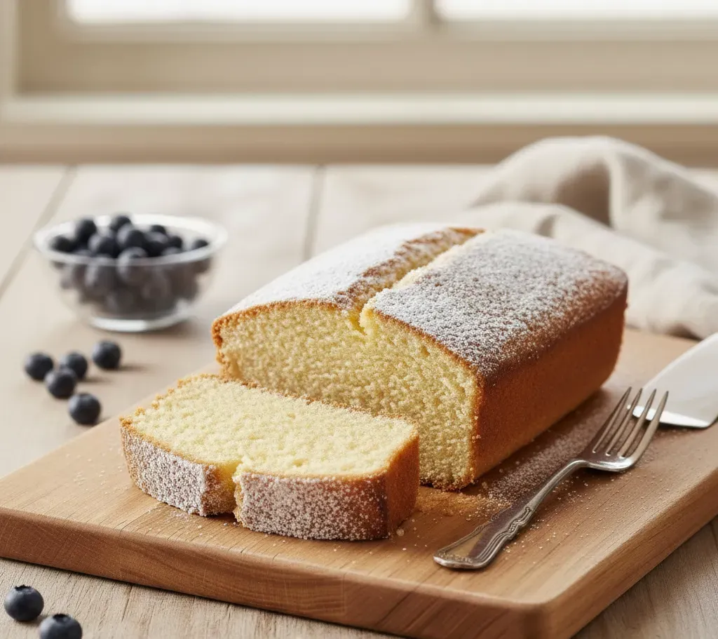 un gateau yaourt cuit saupoudré de sucre glace