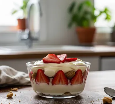 Peut-on congeler un tiramisu aux fraises ? un tiramisu aux fraises sur un plan de travail