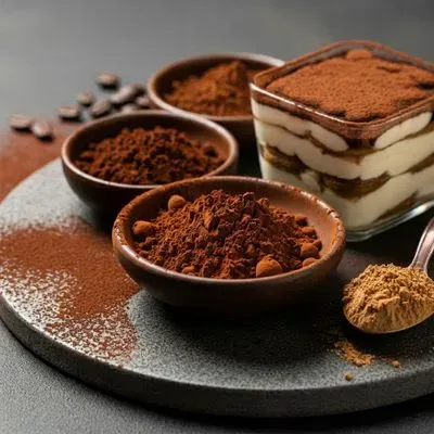 Différents types de cacao en poudre avec un tiramisu