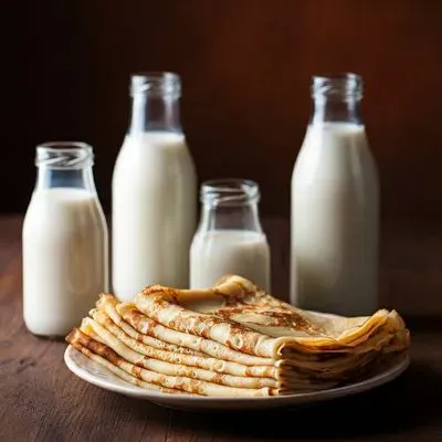 des crêpes pliées sur une assiette des plusieurs types de lait à côté