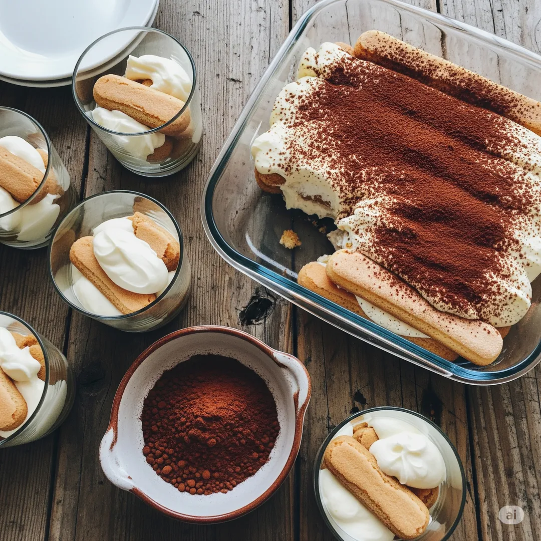 un tiramisu dans un plat en verre et dans des verrines sur un plan de travail