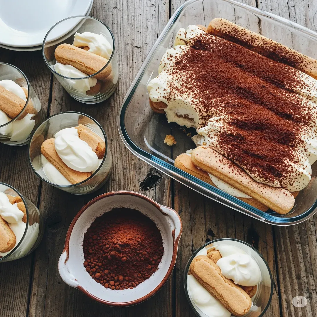 un tiramisu dans un plat en verre et dans des verrines sur un plan de travail