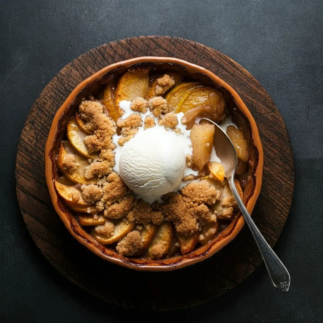 un crumble aux pommes avec une boule de glace à la vanille au milieu