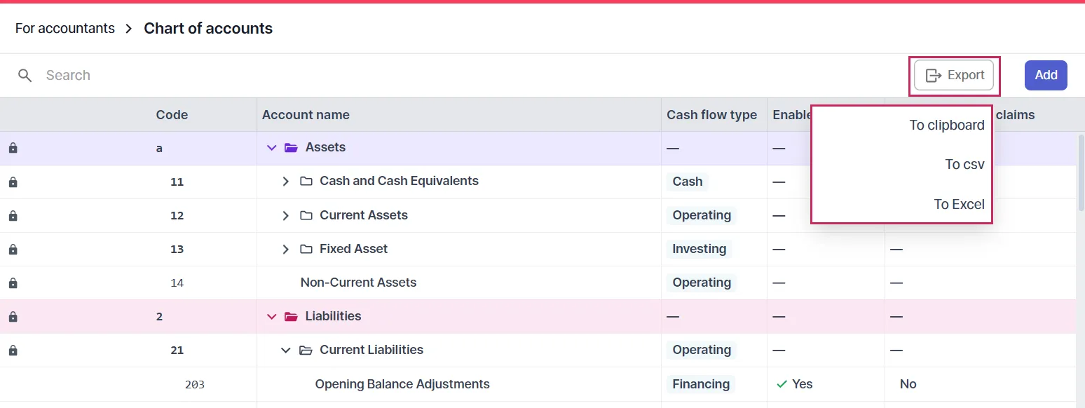 Chart of accounts export