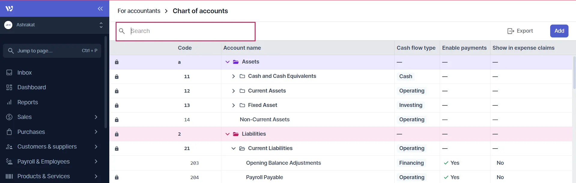 Searching for an account in the chart of accounts