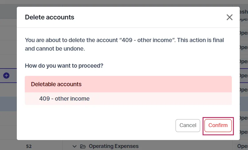 A warning message will appear when deleting account on charts of accounts