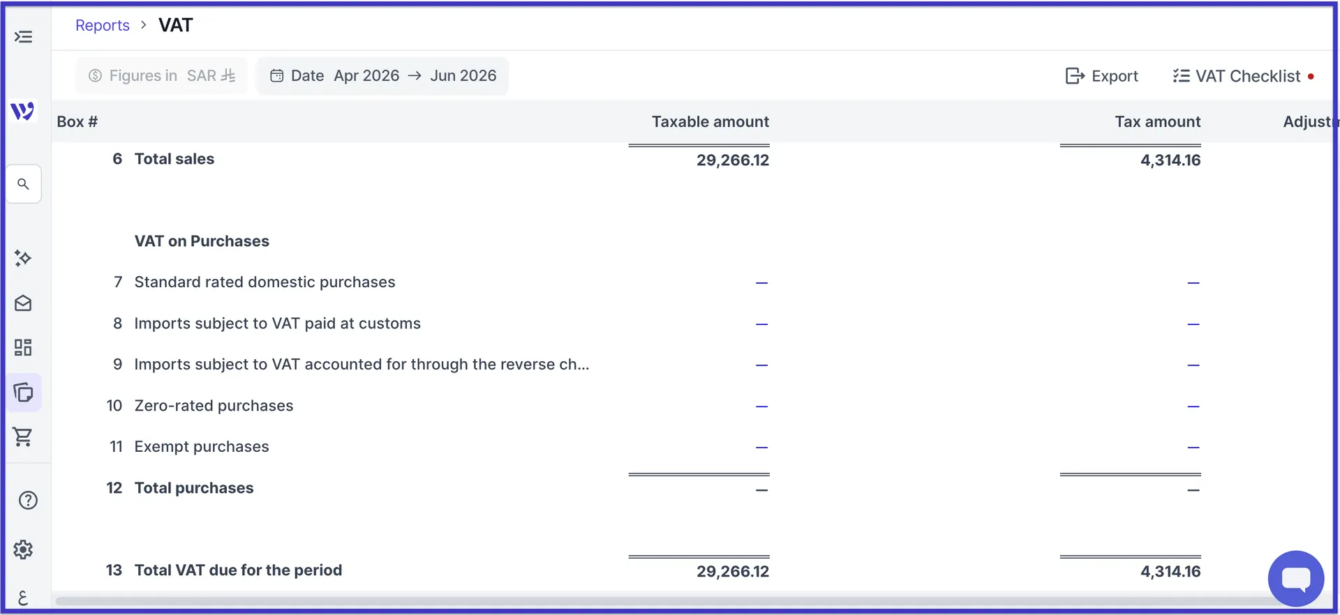 Wafeq's VAT return screen mirroring ZATCA's official filing layout