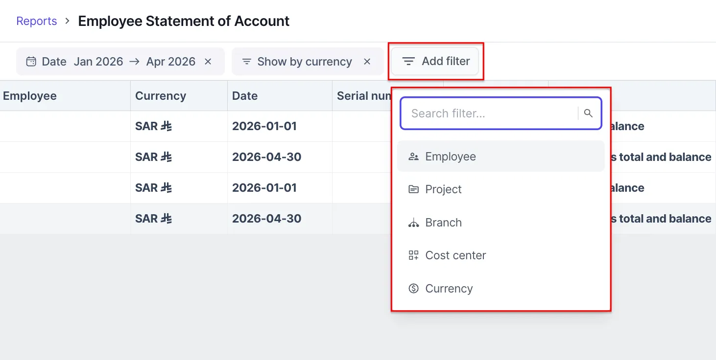 Employee Statement of Account report filter