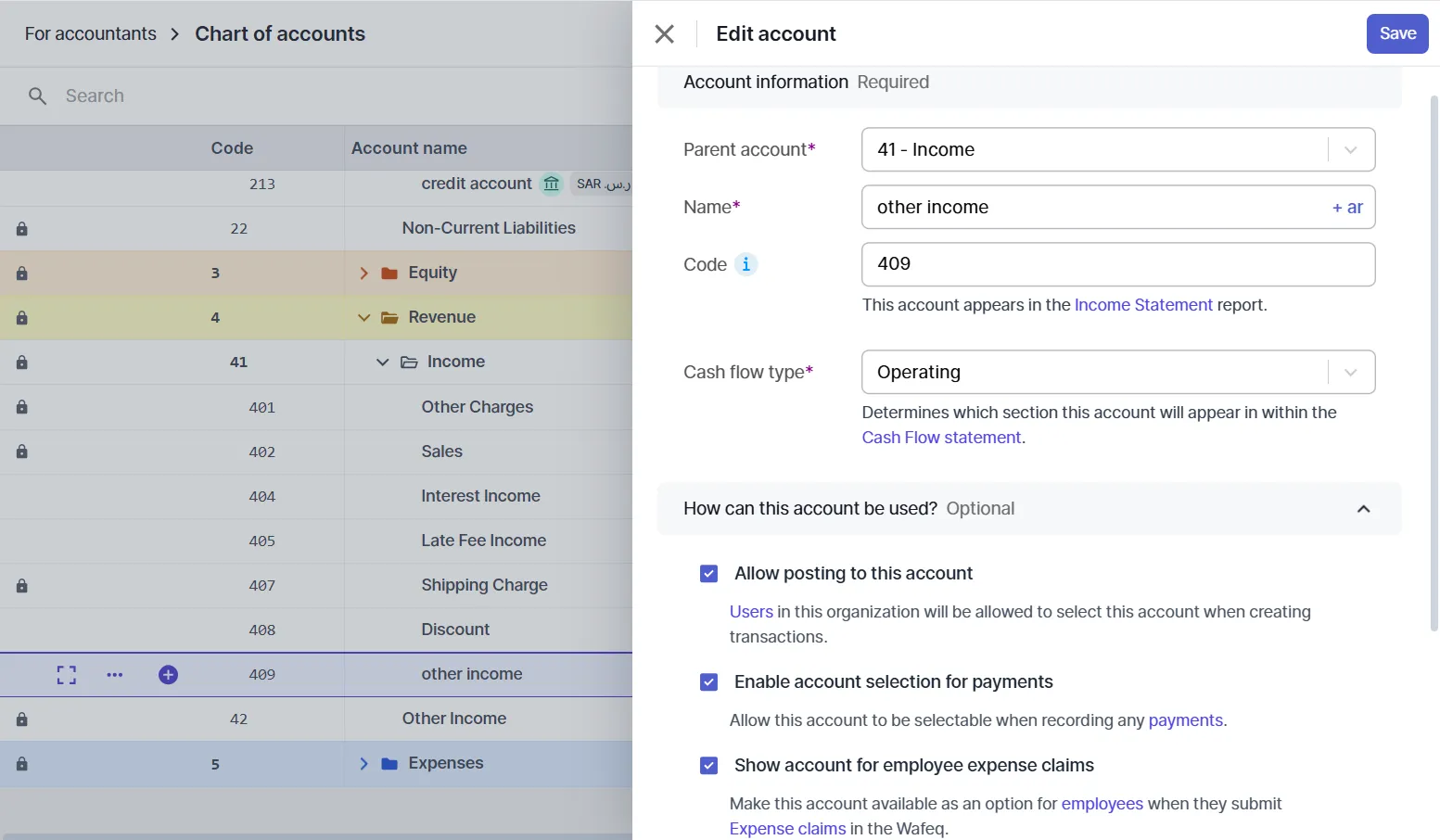 Edit Account on charts of accounts