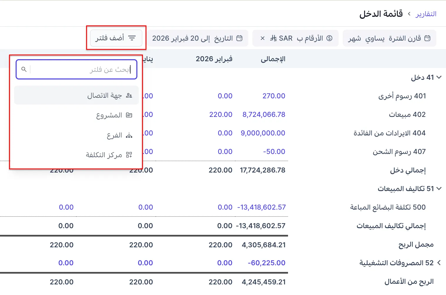 فلاتر التقارير المحاسبية
