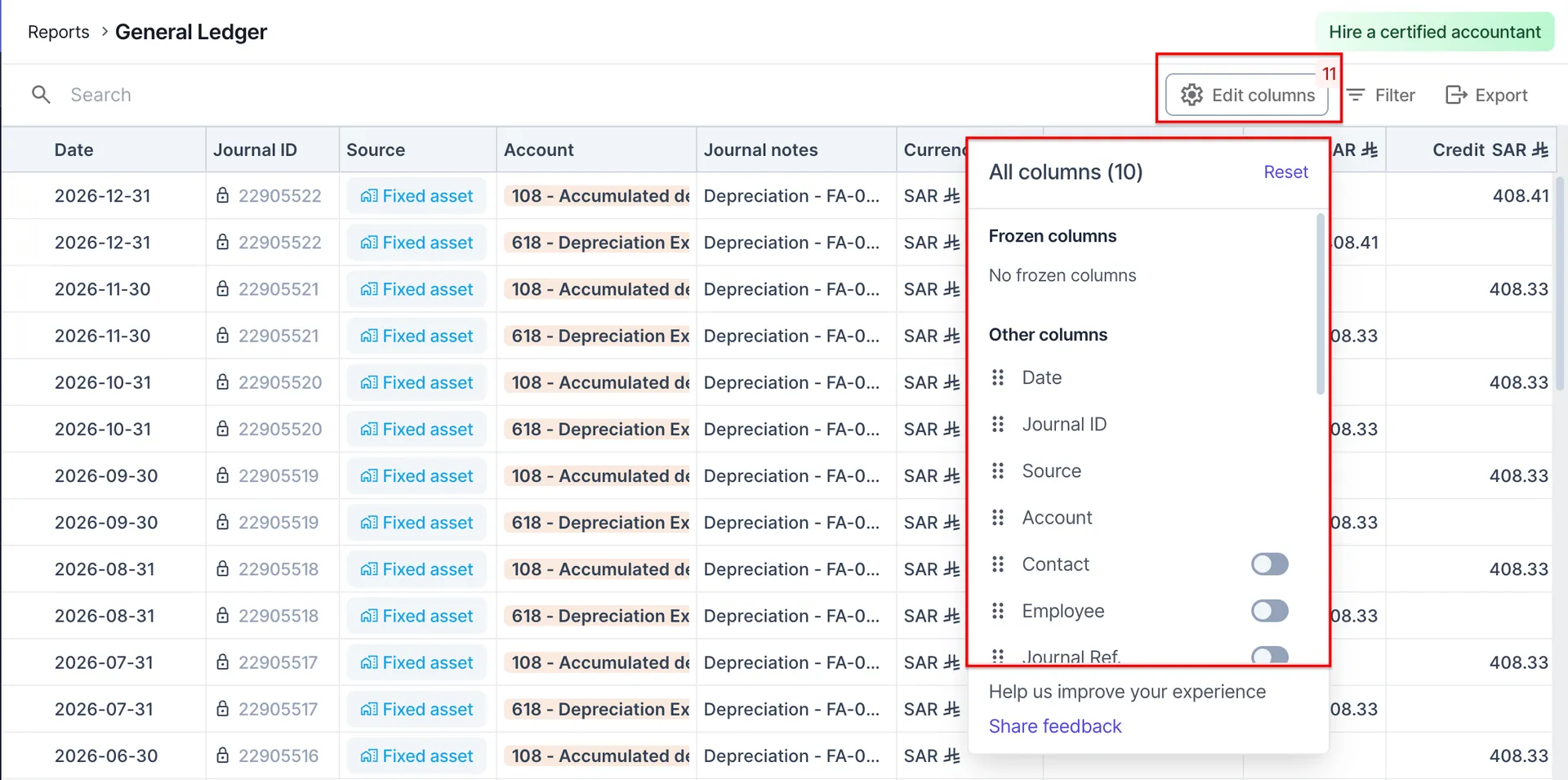 Edit Columns in general ledger