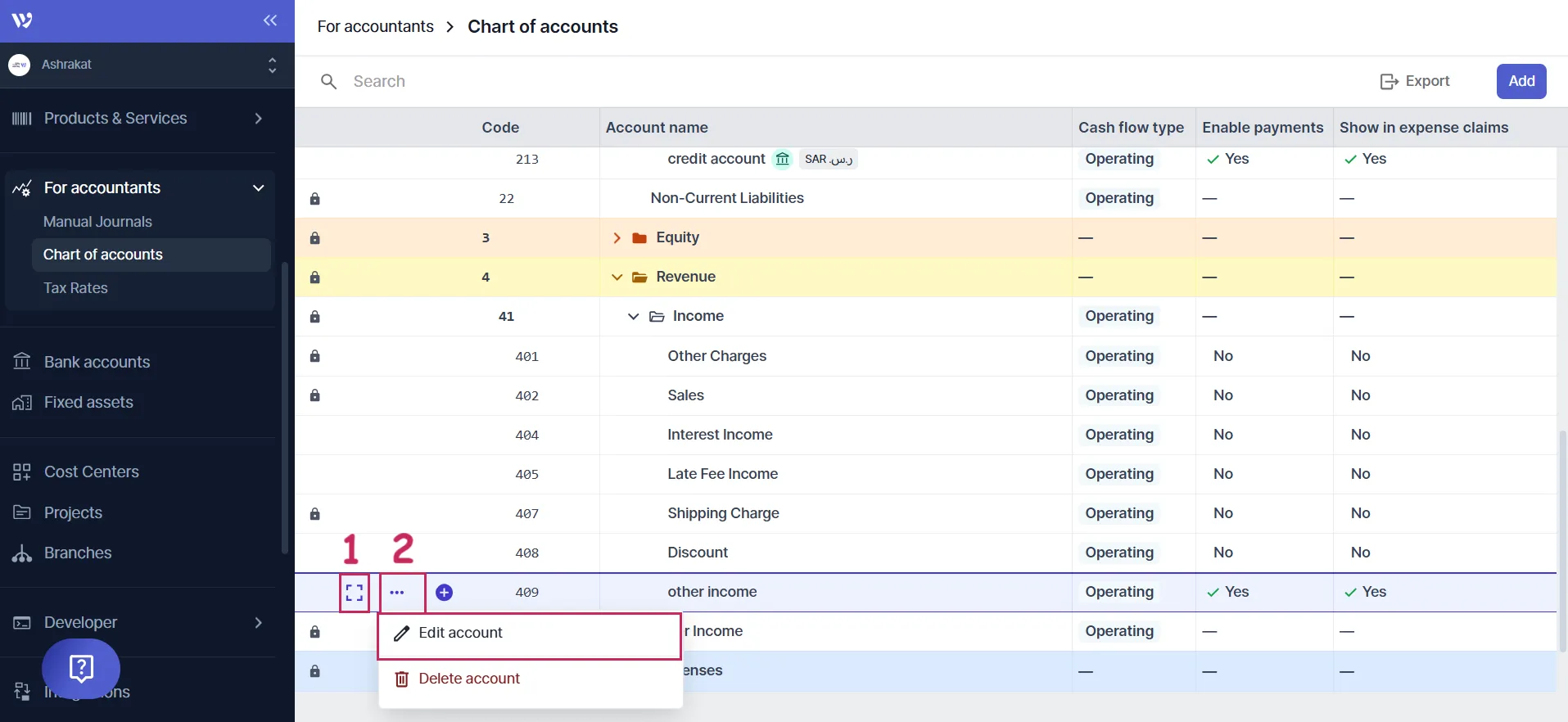 Viewing or Editing Account Details and Settings on charts of accounts