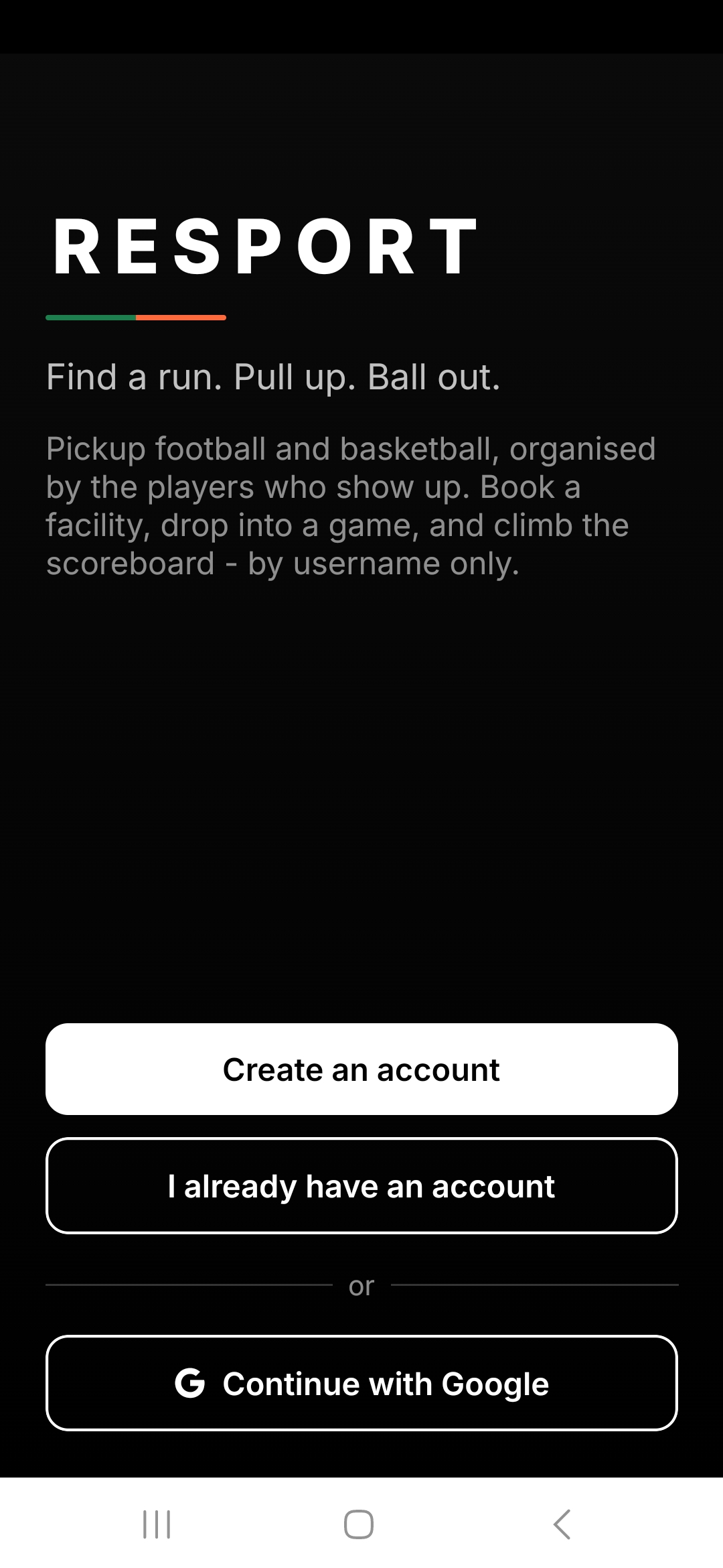 Resport sign up screen
