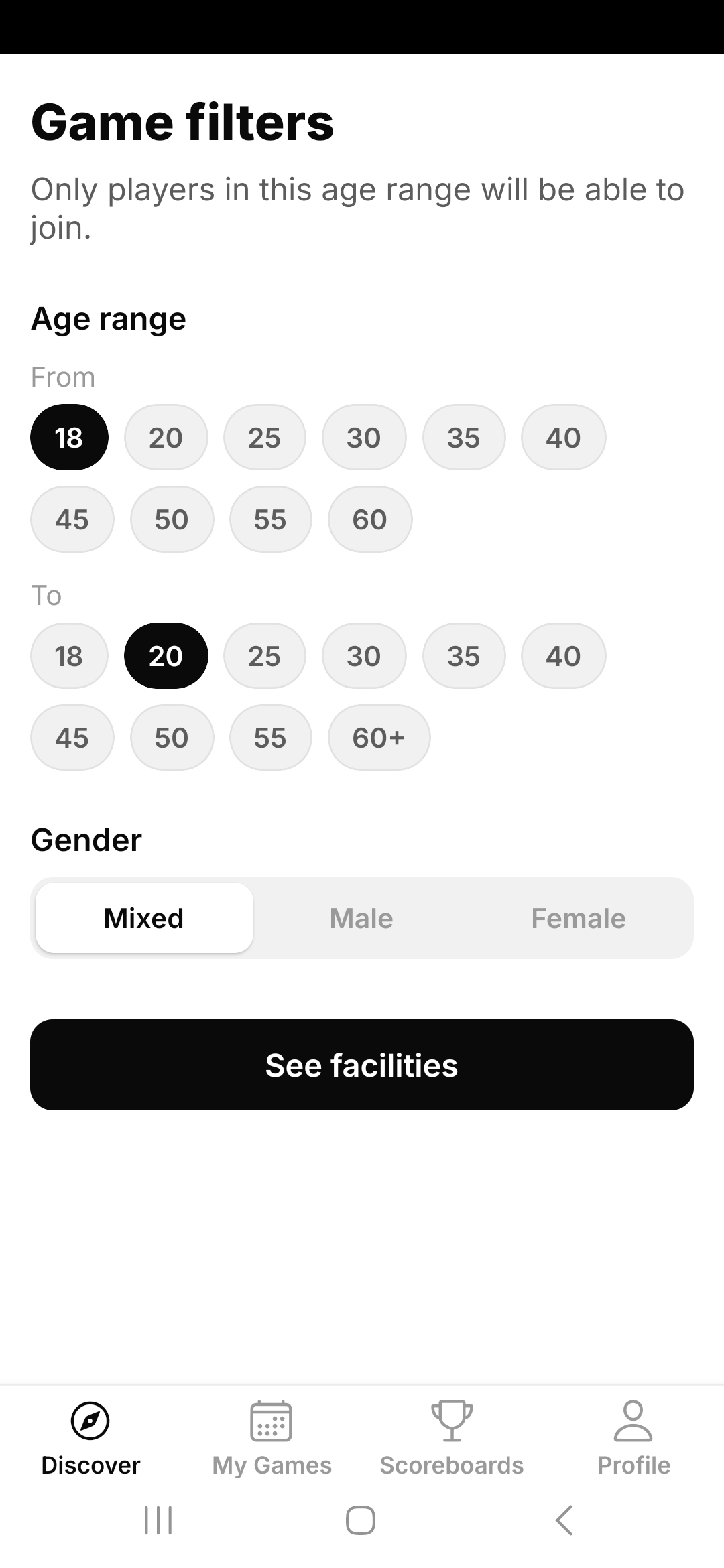 Resport game filters screen