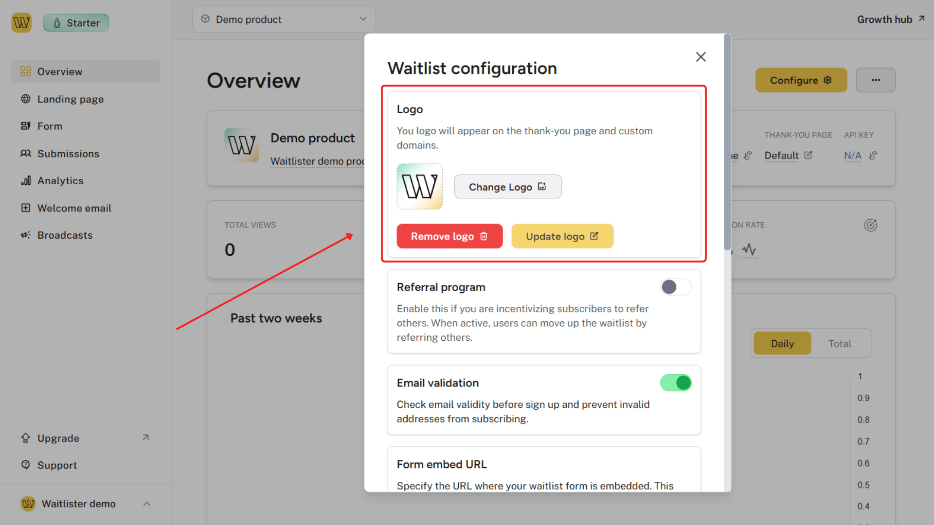 Logo upload section in waitlist configuration