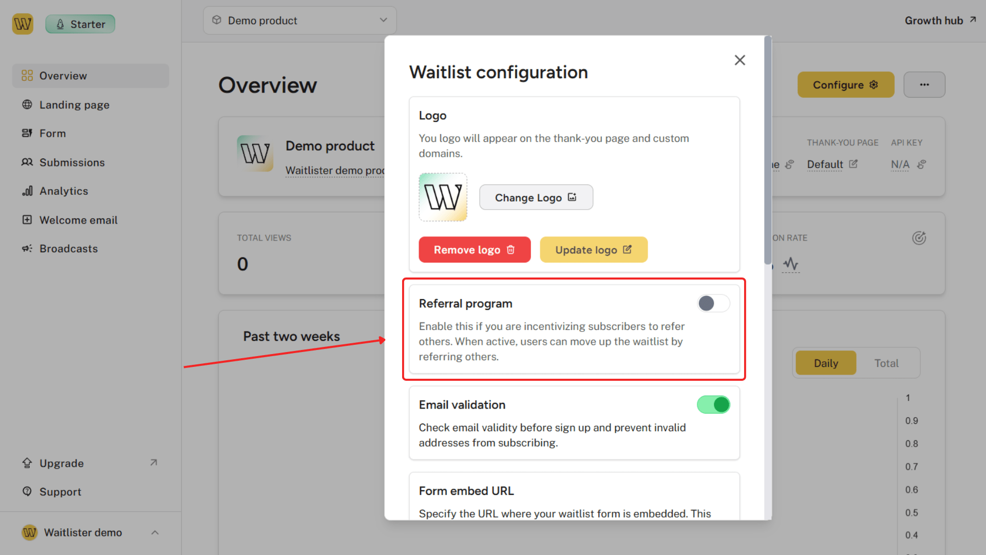Referral program toggle in waitlist configuration