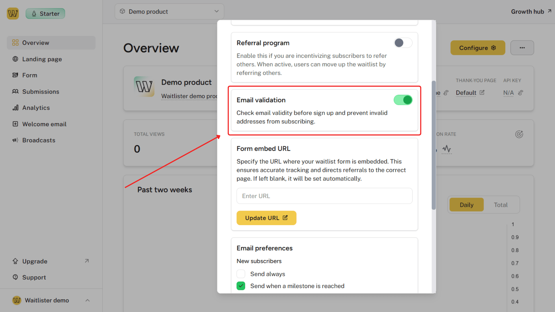 Email validation toggle in waitlist configuration