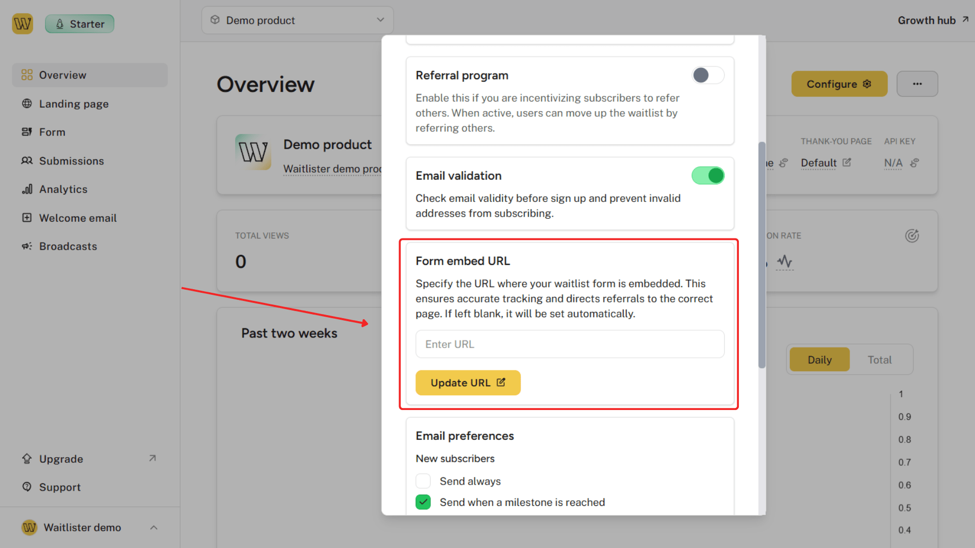 Form embed URL input in waitlist configuration