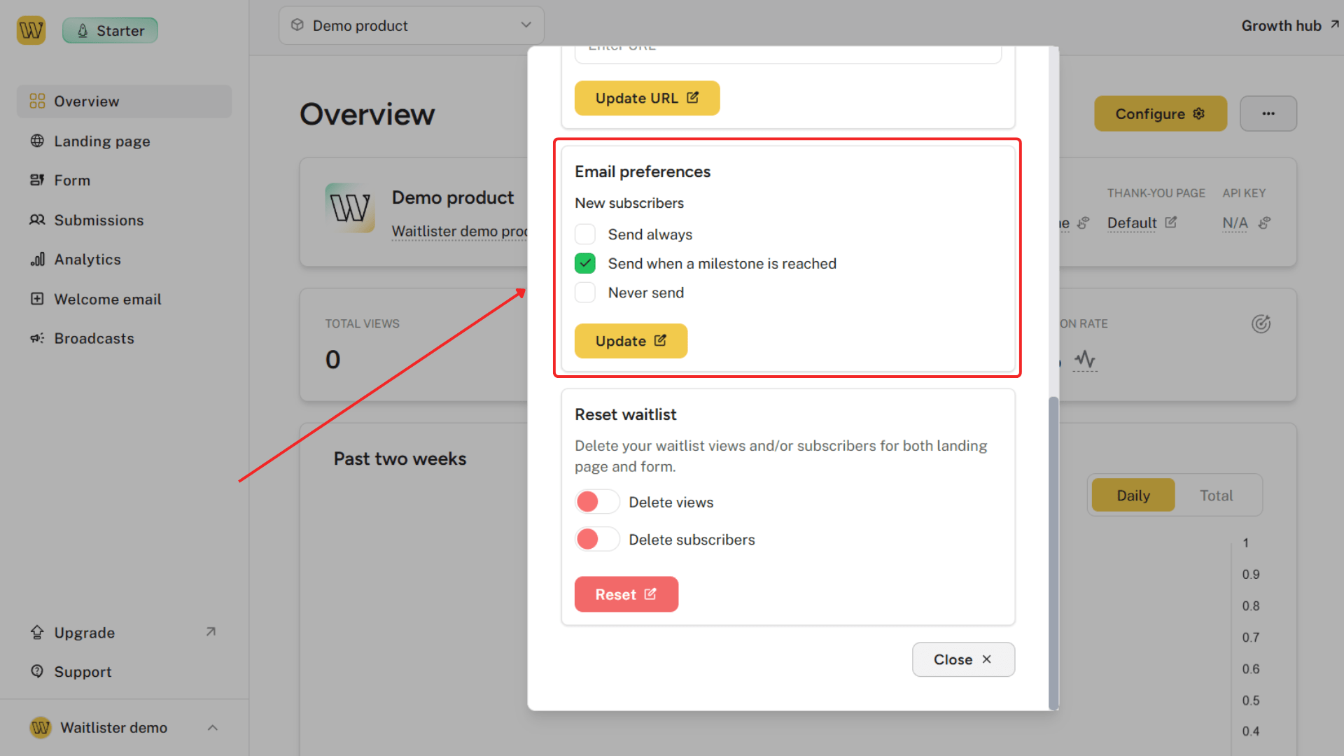 Email preferences options in waitlist configuration