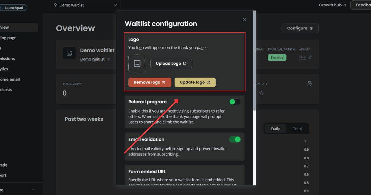 Logo upload section in waitlist configuration